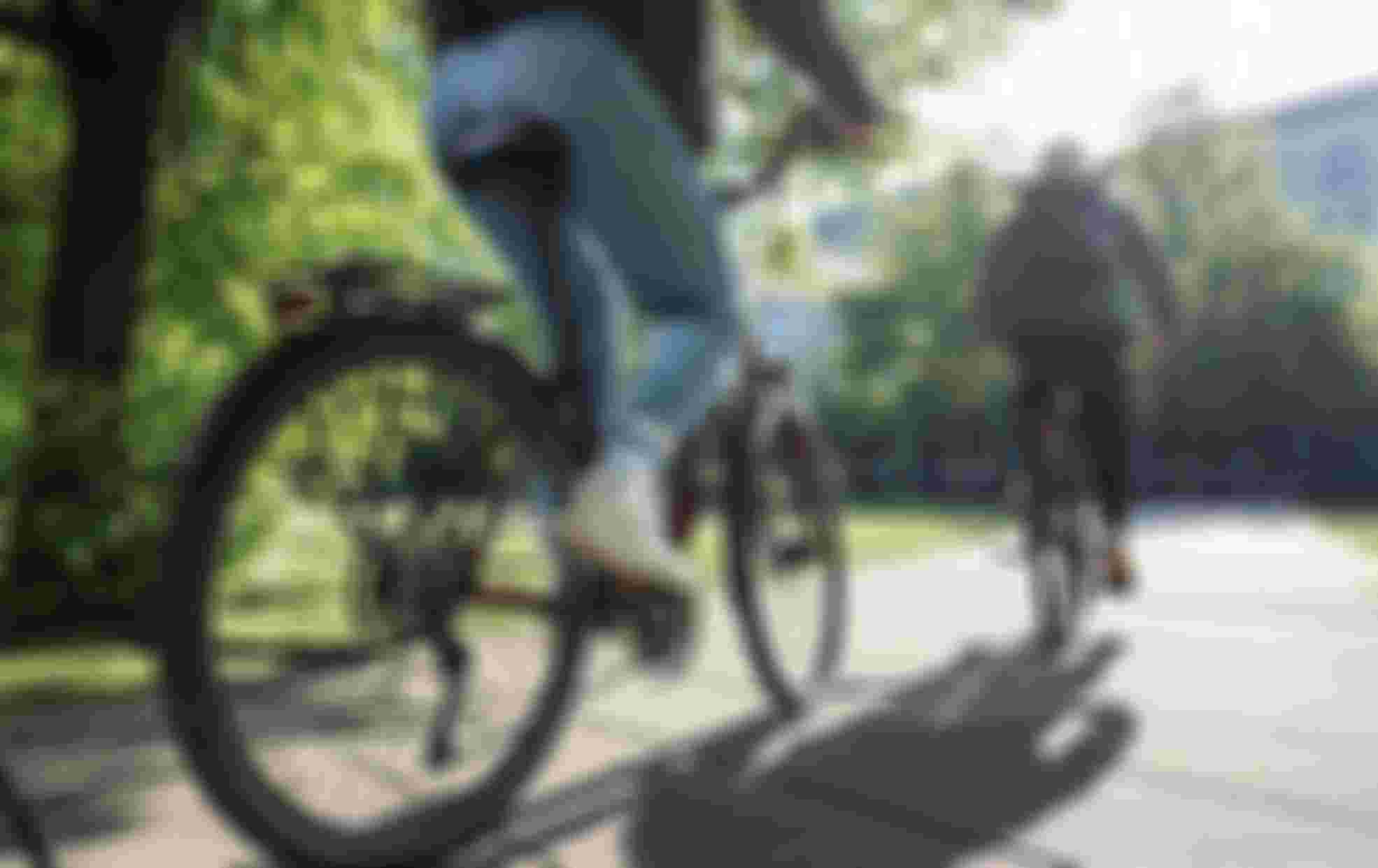 Two cyclists ride along a sunlit path in a park, surrounded by green trees and a modern building in the background.