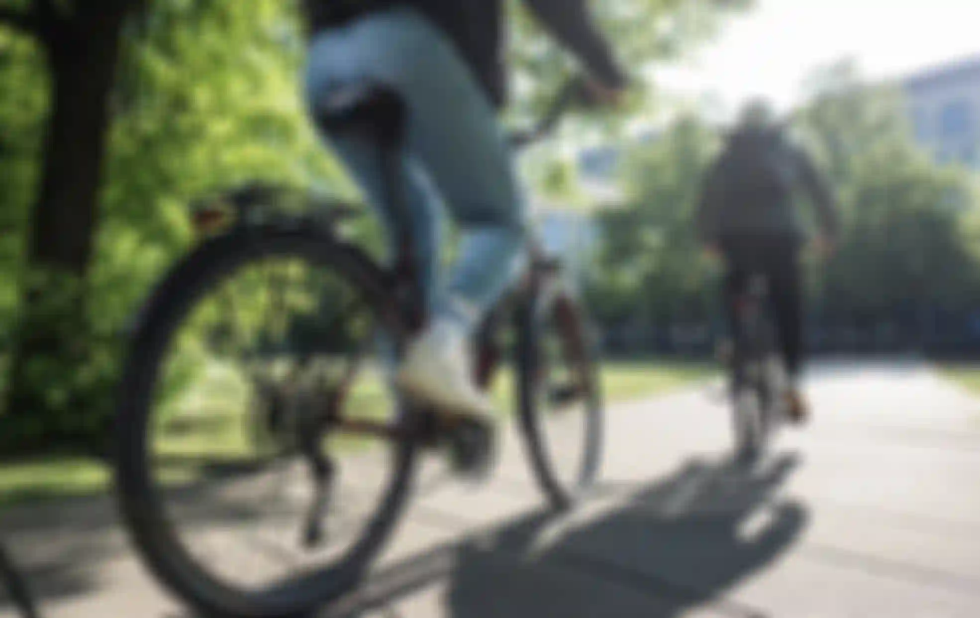 Two cyclists ride along a sunlit path in a park, surrounded by green trees and a modern building in the background.