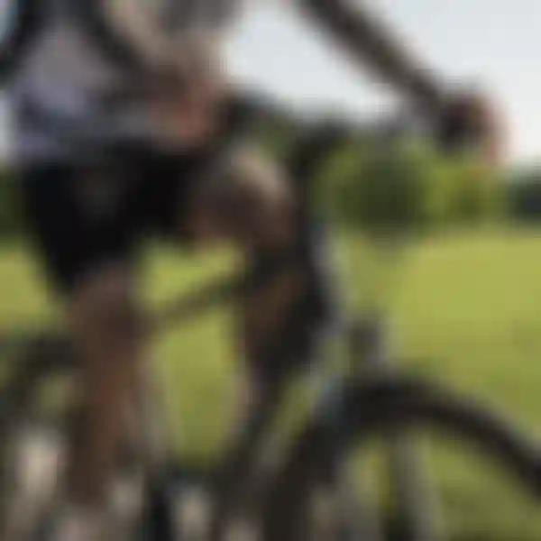 Close-up of a tattooed person riding a bicycle on a sunny day, with a lush green park in the background.