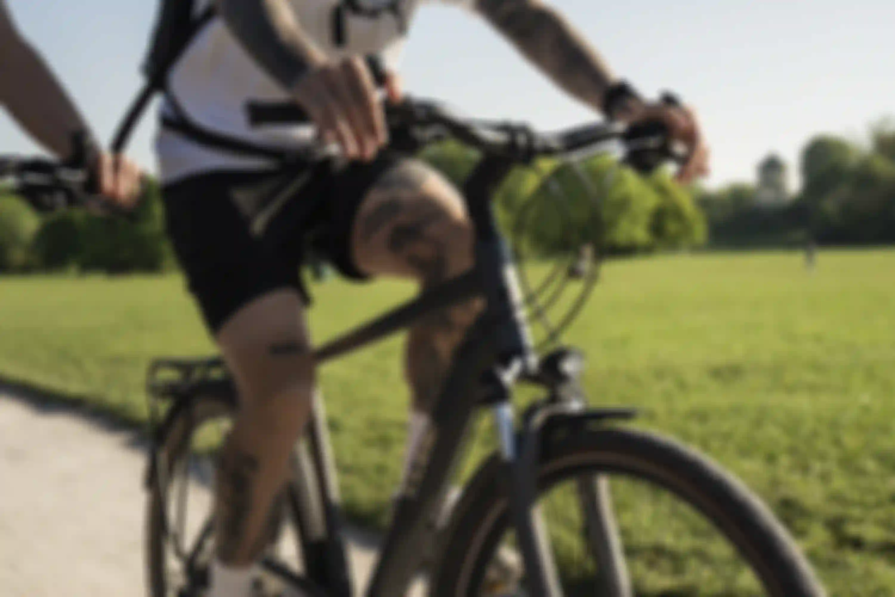 Close-up of a tattooed person riding a bicycle on a sunny day, with a lush green park in the background.