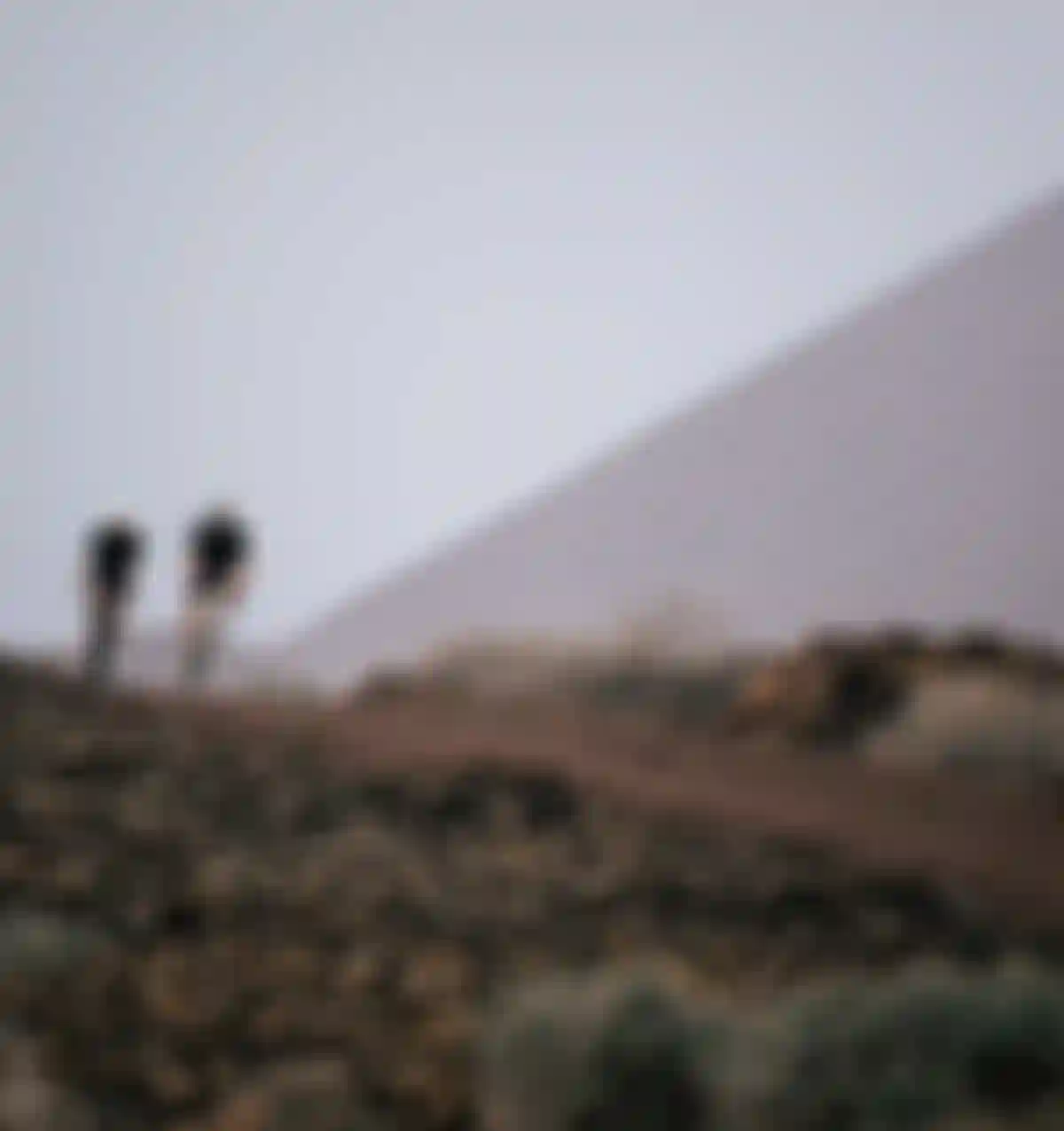 Two cyclists wearing helmets ride on a rocky dirt path with a hazy mountain in the background.