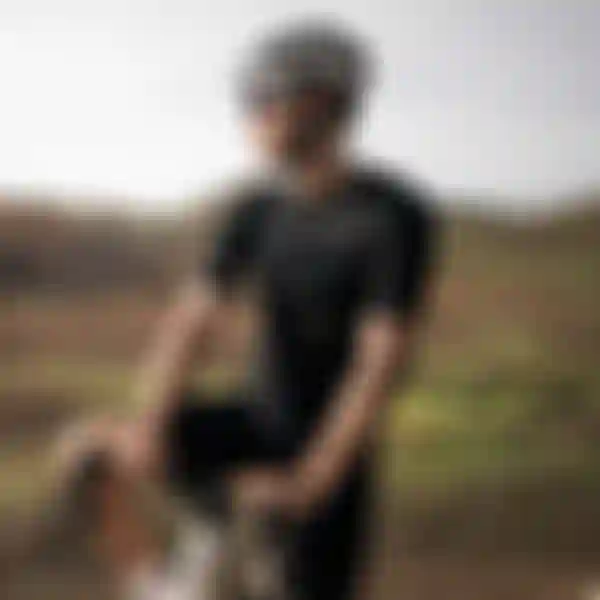 A cyclist wearing a black outfit and helmet, resting on a bike in a scenic, arid landscape with hills in the background.
