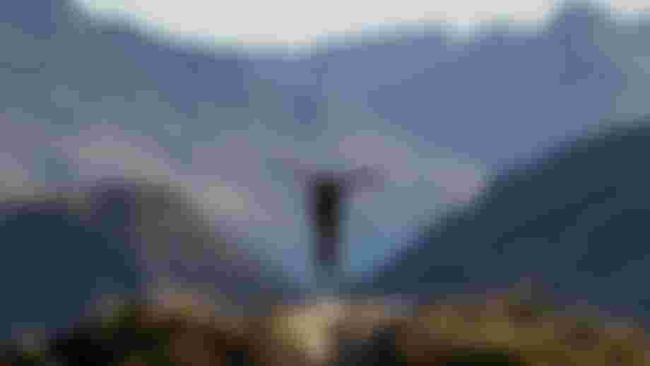 A mountain biker rides down a trail, arms outstretched, against a backdrop of rugged mountains and a distant lake under a clear sky.