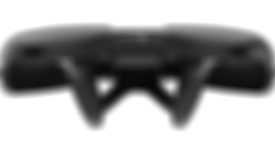Black bicycle saddle with a sleek design, viewed from the front, showing the curved seat and dual support rails.