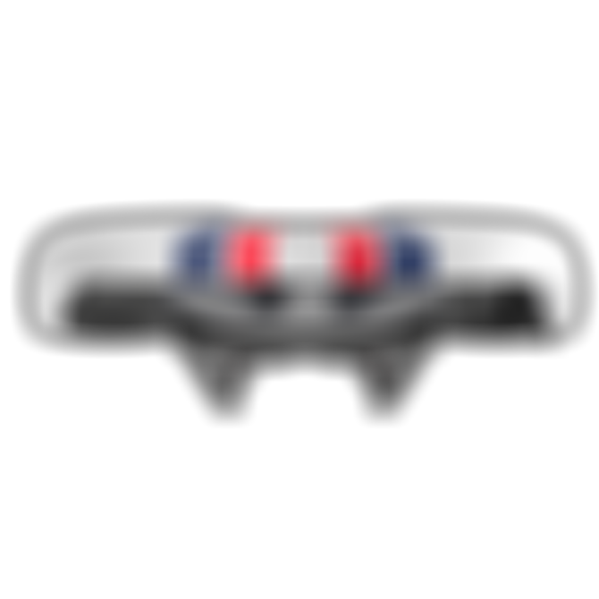 Front view of a white SQlab bicycle saddle with a red and blue center stripe, featuring a stepped ERGOWAVE-style shape and black rails underneath, isolated on a transparent background.