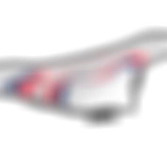 Angled top view of a white SQlab bicycle saddle with red and blue stripe graphics and perforated surface detailing, showing the stepped ERGOWAVE shape and rear platform, isolated on a transparent background.