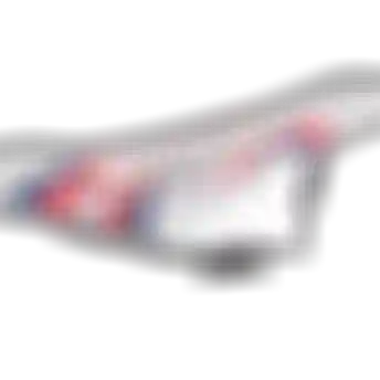 Angled top view of a white SQlab bicycle saddle with red and blue stripe graphics and perforated surface detailing, showing the stepped ERGOWAVE shape and rear platform, isolated on a transparent background.