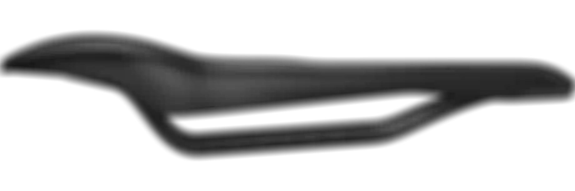 Side view of a sleek black bicycle saddle with ergonomic contours and measurement markings on the underside, set against a black background.