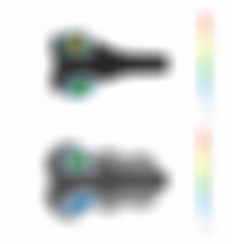 Top and side views of a bike saddle with pressure heat maps, showing varying pressure levels in color gradients from blue to red.
