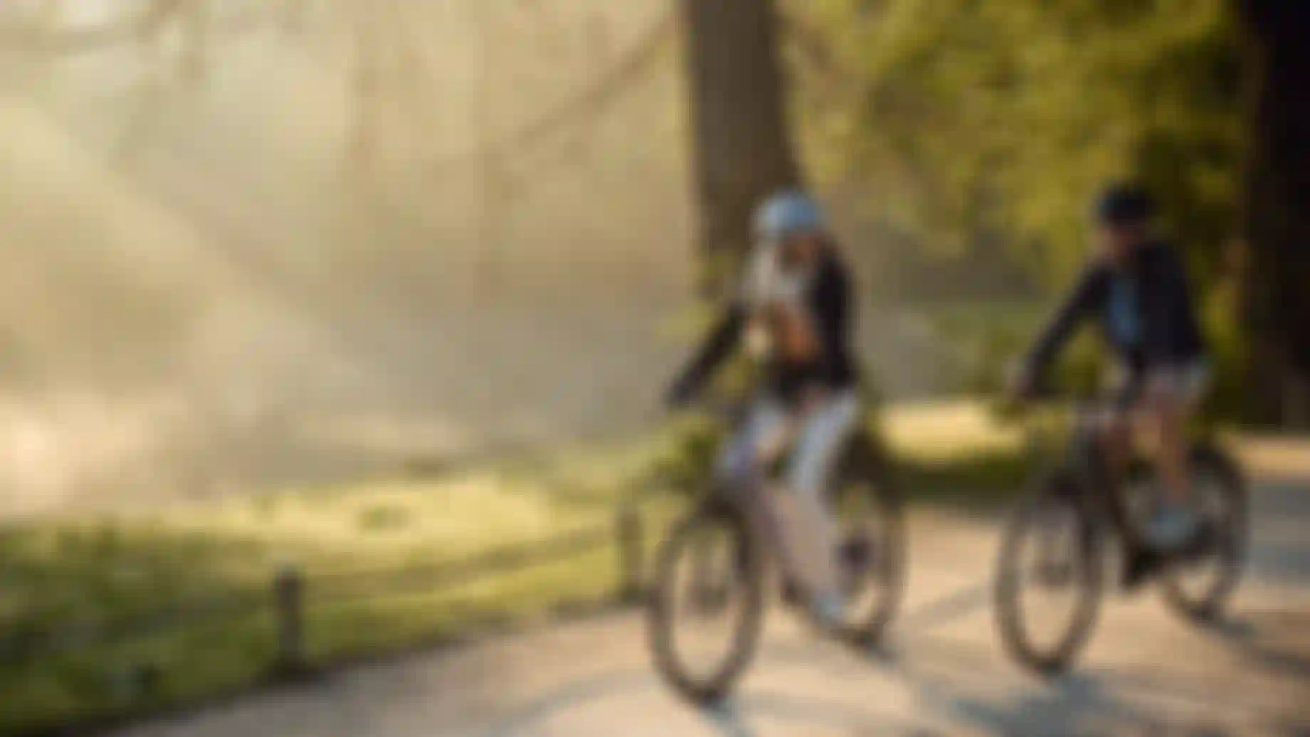 Two people ride bicycles side by side on a gravel path along a lakeside, surrounded by trees in warm morning light.