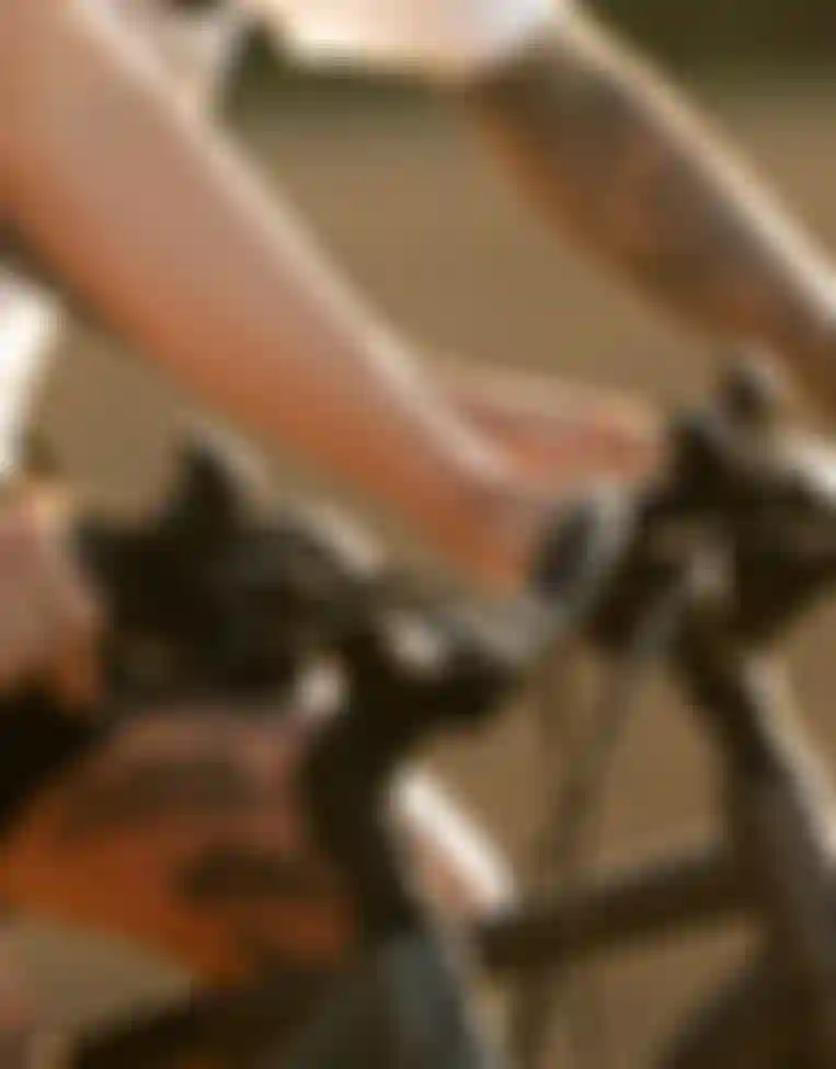 Close-up of two cyclists' tattooed arms gripping the handlebars of their bikes during a ride in soft sunlight.