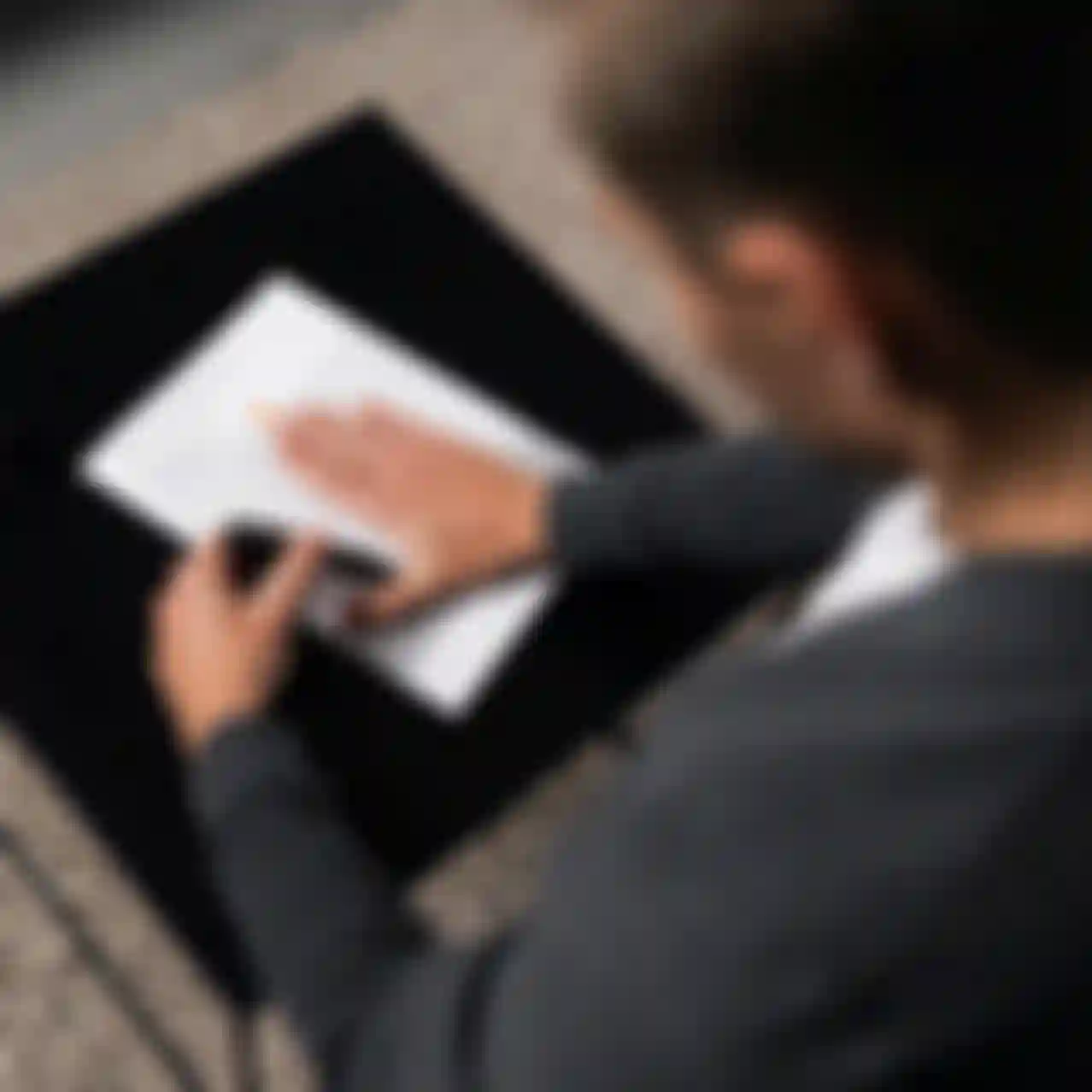 A person in a grey sweater uses a pen to mark a typed document on a black table, with a beige textured carpet underneath.