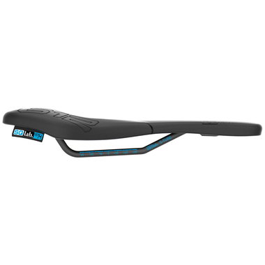 SQlab 612 ERGOWAVE® bike saddle in matte black with cyan rail markings, side profile view