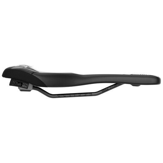 SQlab 6OX Ergowave active E-MTB saddle in black, side profile view with active saddle technology