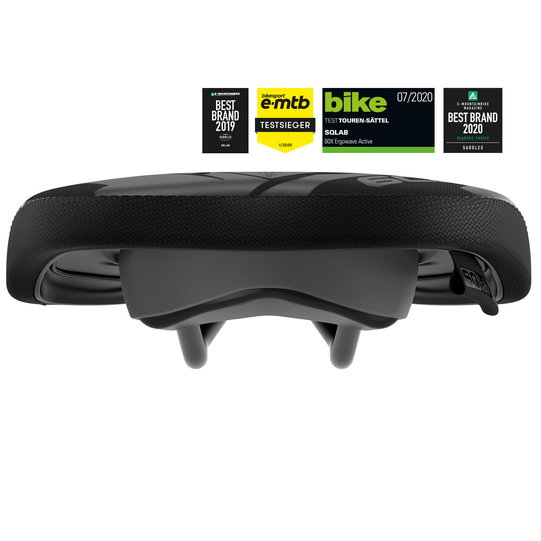 SQlab 6OX Ergowave active e-MTB saddle in black, rear view showing active pivot mechanism