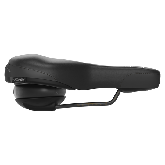 SQlab 621 ERGOLUX active 2.0 bike saddle in black, side view showing active dampener system