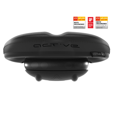 SQlab 621 ERGOLUX active 2.0 bike saddle in black, rear view showing active dampener system