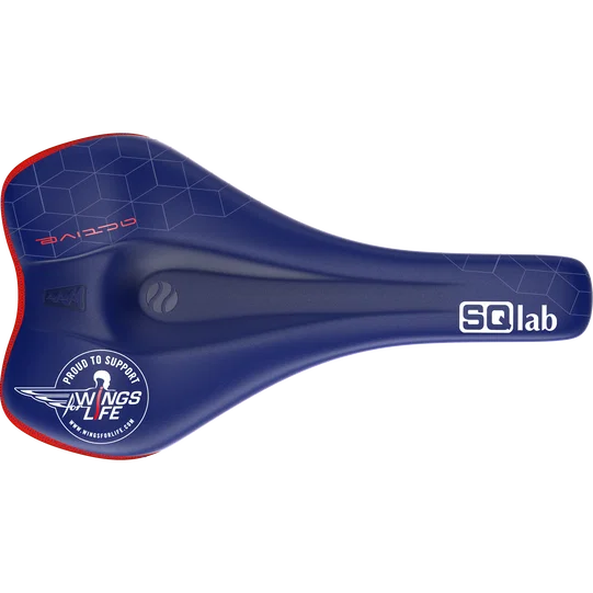 SQlab 611 Ergowave active Wings for Life MTB saddle in navy blue and red, top view