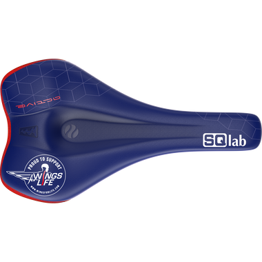 SQlab 611 Ergowave active Wings for Life MTB saddle in navy blue and red, top view