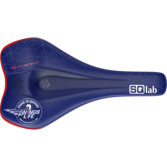 SQlab 611 Ergowave active Wings for Life MTB saddle in navy blue and red, top view