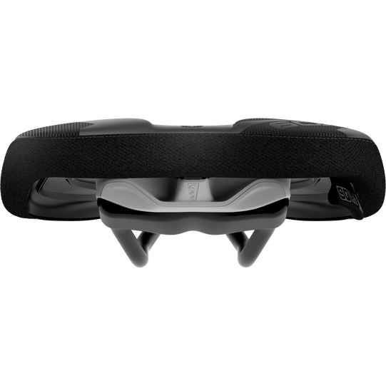 SQlab 6OX ERGOWAVE active 2.1 MTB saddle in black, front view showing active suspension system