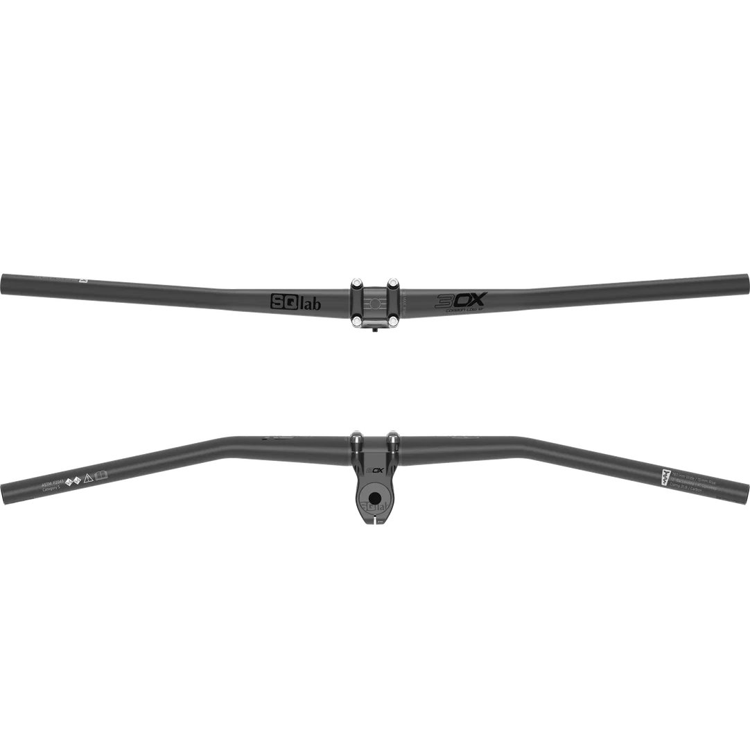 SQlab 3OX Carbon 12° MTB handlebar in dark grey, 31.8mm clamp, riser shape, top and underside studio view