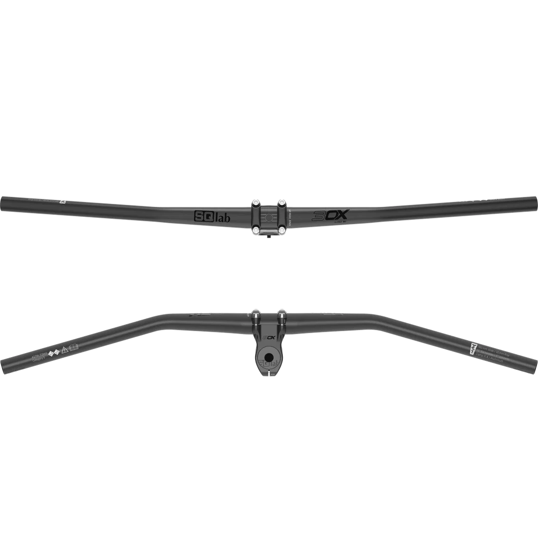 SQlab 3OX alu MTB handlebar 16° low rise in matte black, top and front angle views