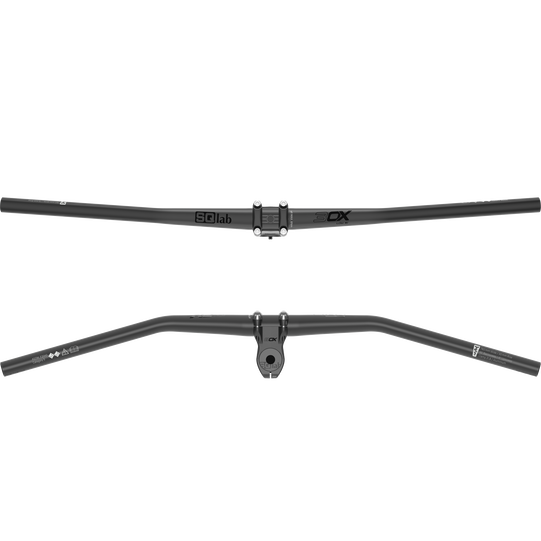 SQlab 3OX alu MTB handlebar 16° low rise in matte black, top and front angle views