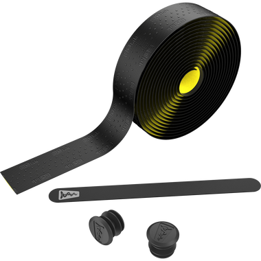 SQlab 714 gravel handlebar tape in black and yellow-green with bar-end plugs and finishing strip
