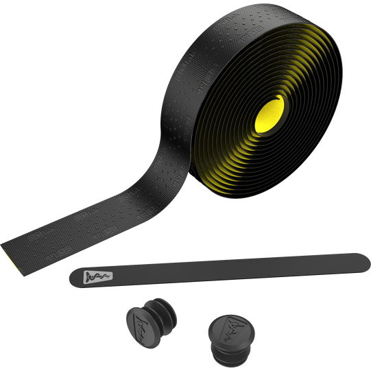 SQlab 714 gravel handlebar tape in black and yellow-green with bar-end plugs and finishing strip