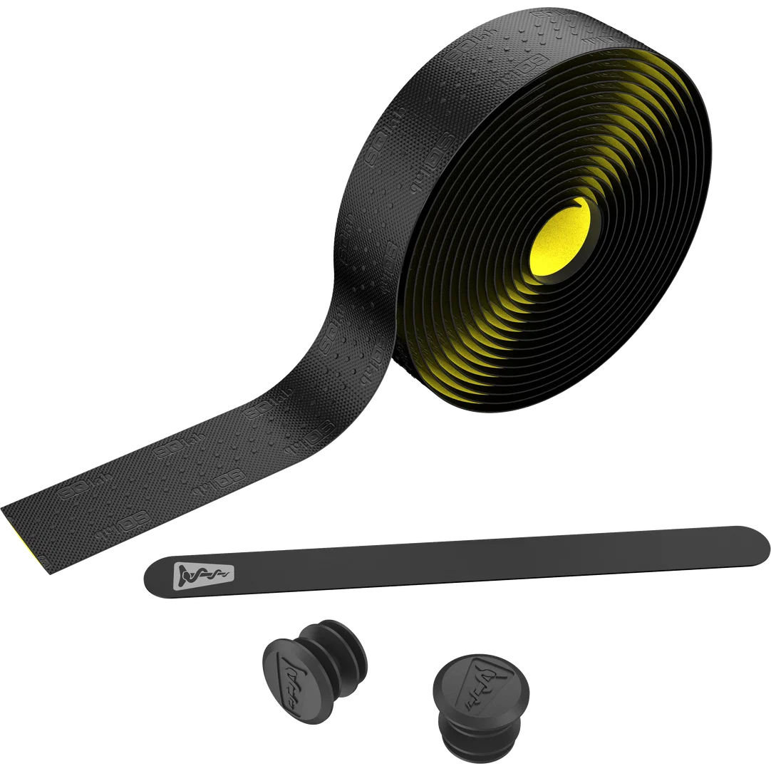 SQlab 714 Gravel Lenkerband in schwarz und gelbgrün mit Lenkerendkappen und Abschlussband