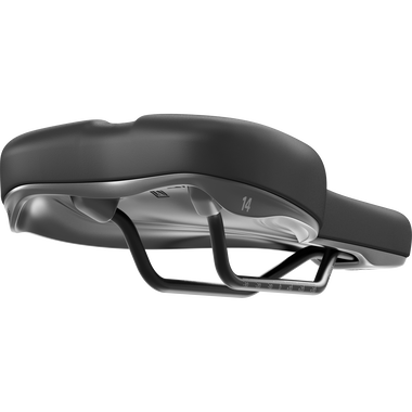 SQlab 601 ERGOLUX bike saddle 14cm in black, three-quarter view showing step profile and twin rails