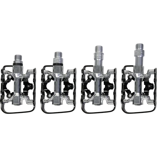 SQlab 502 Hybrid clipless pedals in four axle lengths (S–XL) in charcoal and silver