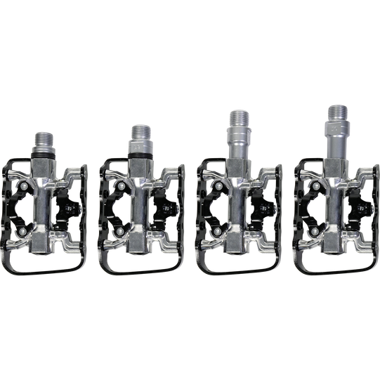 SQlab 502 Hybrid clipless pedals in four axle lengths (S–XL) in charcoal and silver
