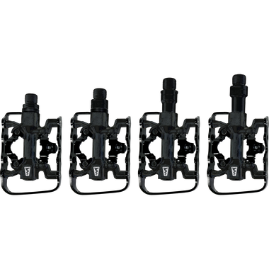 SQlab 510 clipless flat combo pedals in black, four axle lengths S M L XL shown side by side