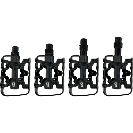 SQlab 510 clipless flat combo pedals in black, four axle lengths S M L XL shown side by side
