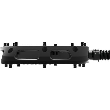 SQlab 5OX MTB platform pedal in black, side view showing grip pins and axle