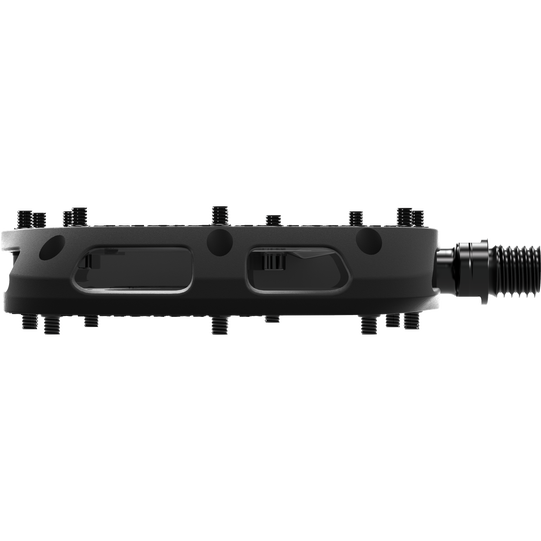 SQlab 5OX MTB platform pedal in black, side view showing grip pins and axle