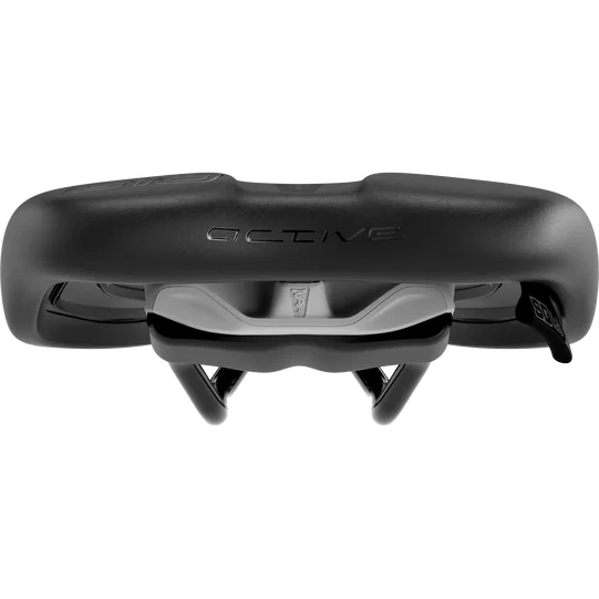 SQlab 610 ERGOLUX active 2.1 bike saddle in black with active flex technology, front view