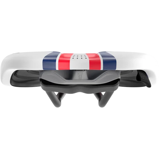 SQlab 612 Ergowave active 2.1 ltd. Wardy saddle in white, red and navy blue front view