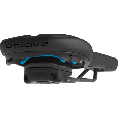 SQlab 602 ERGOLUX active 2.1 bike saddle 15cm in black and blue, underside view showing active system