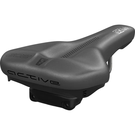 SQlab 602 ERGOLUX active bike saddle 15cm in black with active pivot system, three-quarter view