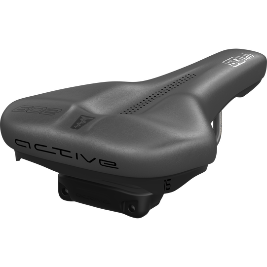 SQlab 602 ERGOLUX active bike saddle 15cm in black with active pivot system, three-quarter view