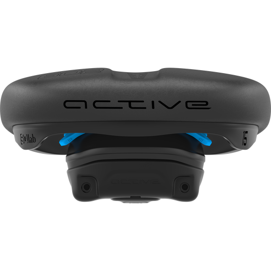 SQlab 602 ERGOLUX active bicycle saddle in charcoal black and blue with active pivot system