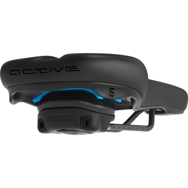 SQlab 602 M-D active 2.1 bike saddle 15cm in black with blue accent, underside view