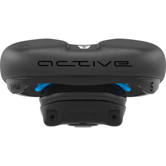 SQlab 602 M-D active 2.1 bike saddle in black and blue with relief channel, front view