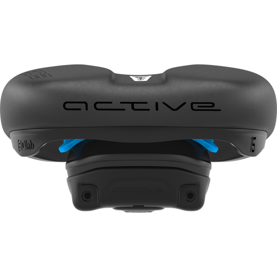 SQlab 602 M-D active 2.1 bike saddle in black and blue with relief channel, front view