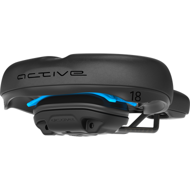 SQlab 621 M-D active saddle 18cm in black and blue, side view showing active pivot mechanism