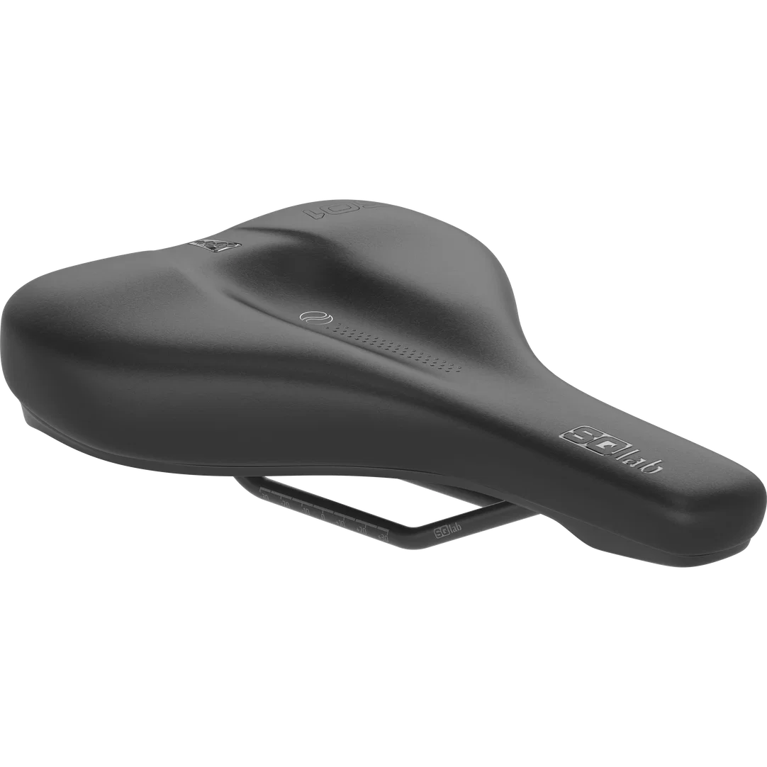 SQlab 601 ERGOLUX bike saddle in black with ergonomic stepped shape and perineal relief channel