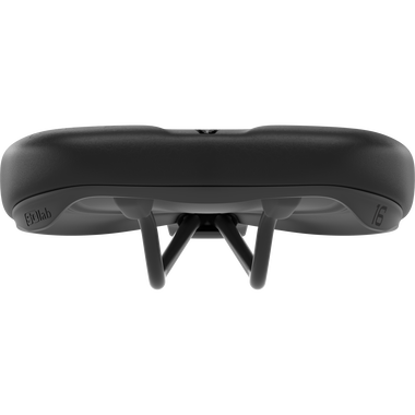 SQlab 601 ERGOLUX® bike saddle 16cm in black, rear view showing stepped profile and twin rails